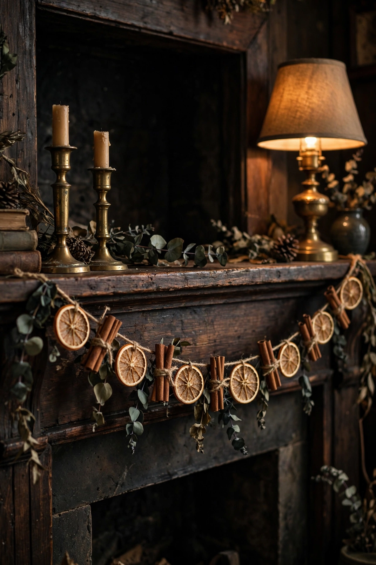Garland of dried orange slices and cinnamon sticks draped along a wooden mantel.
