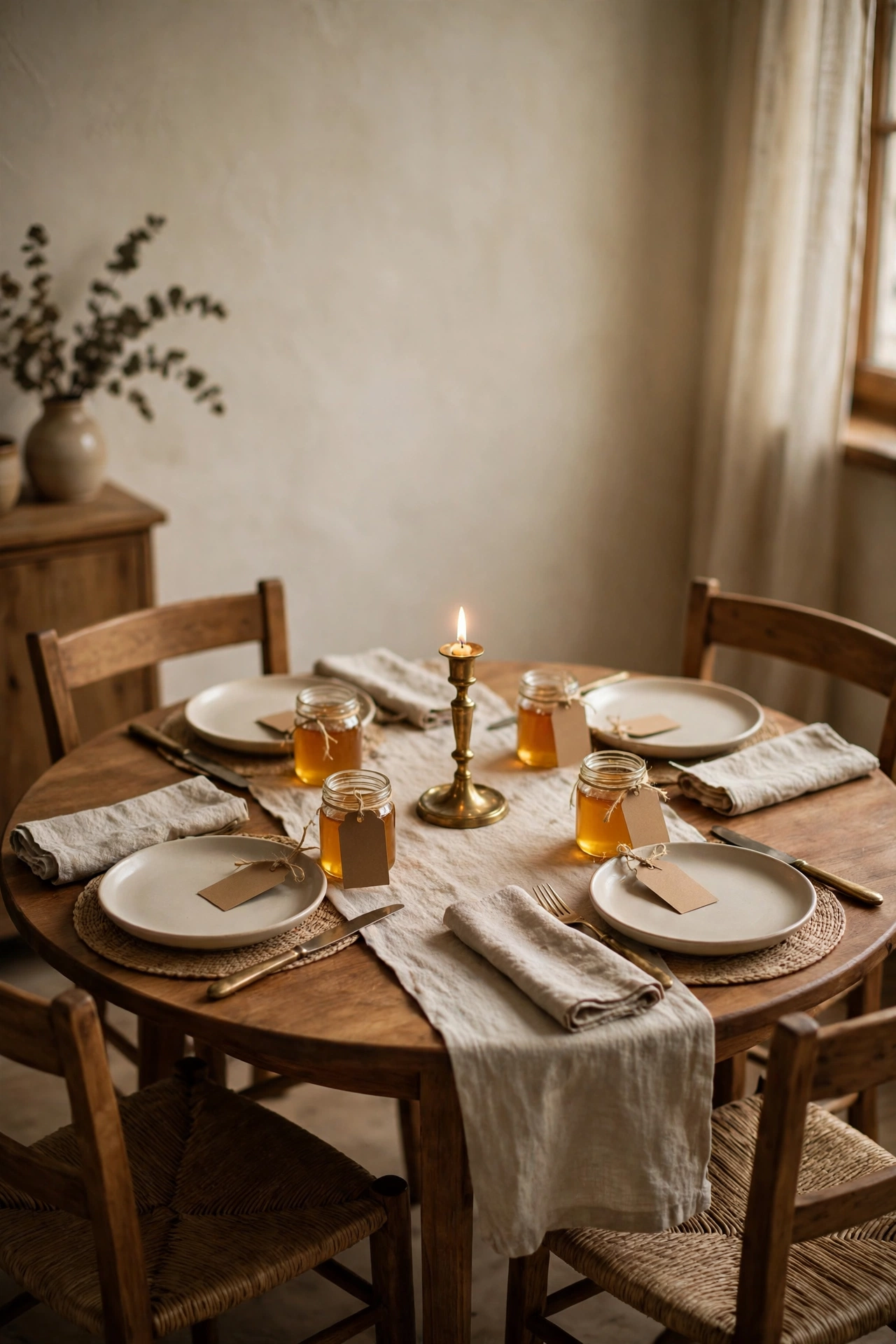 Intimate small dining room with little honey jar favors tied with twine at every place setting.
