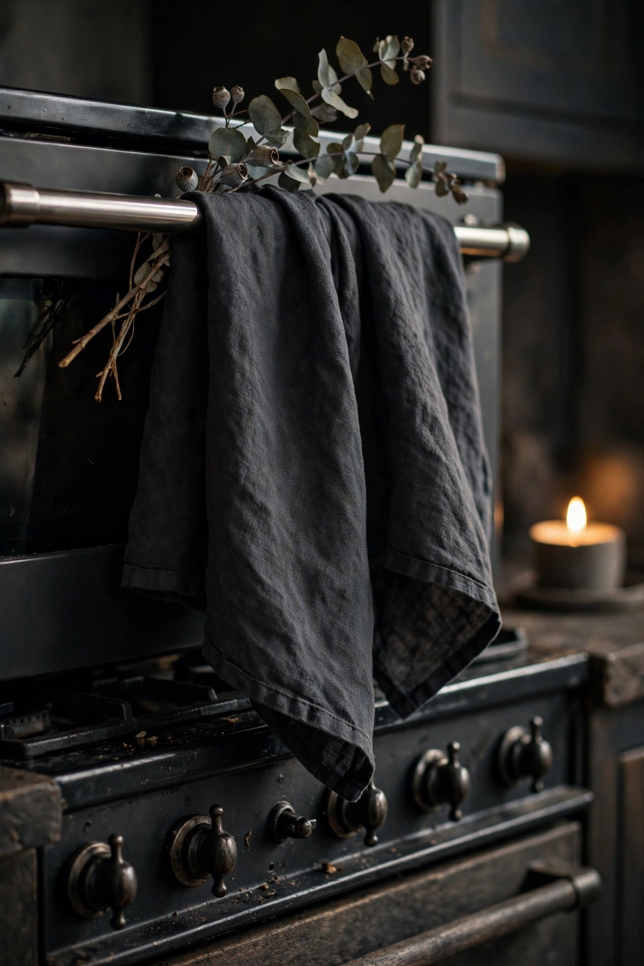Dark linen tea towels on an oven handle with a dried eucalyptus sprig tucked behind.