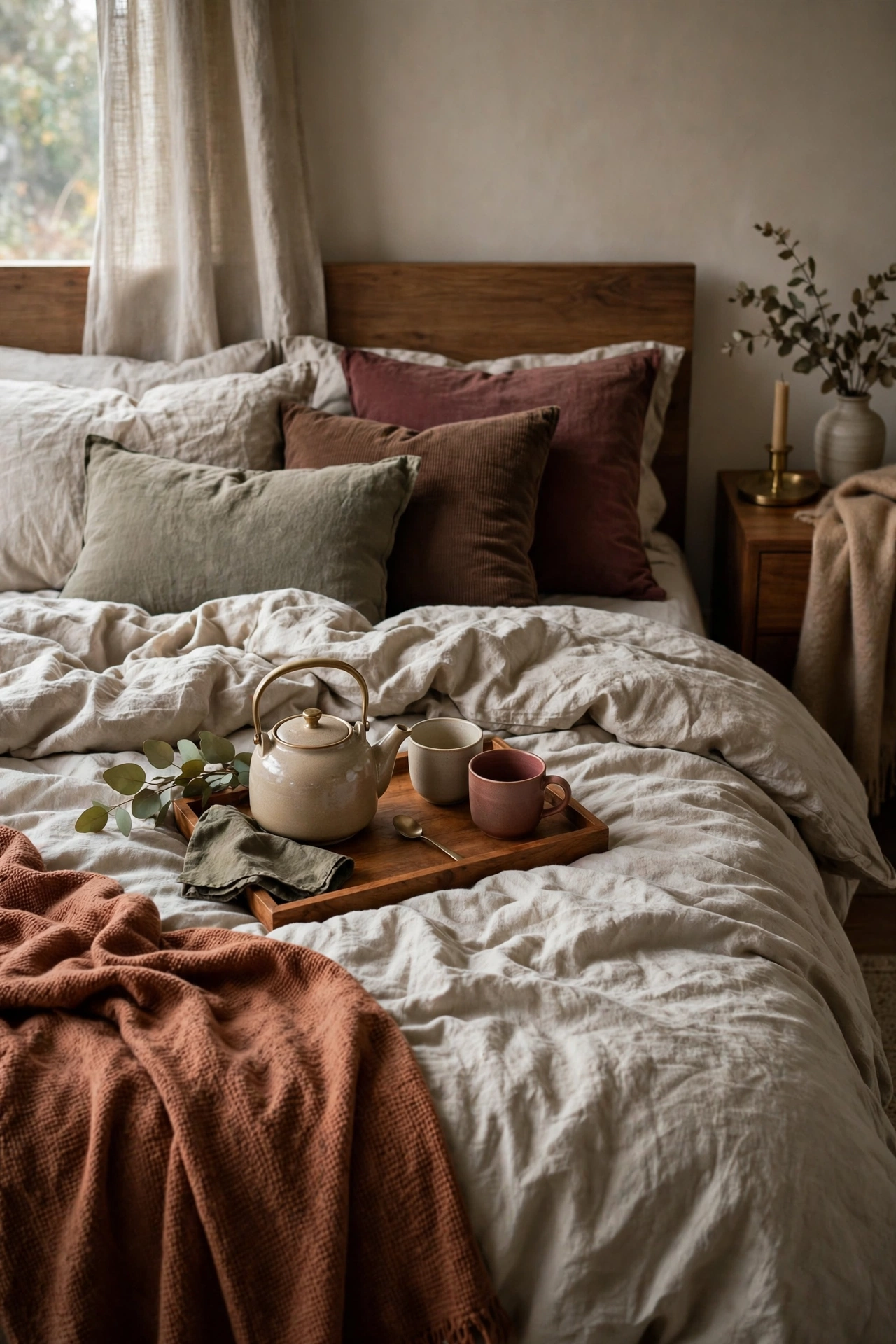 Wooden tray with a ceramic teapot and two cups resting on rumpled fall bedding.