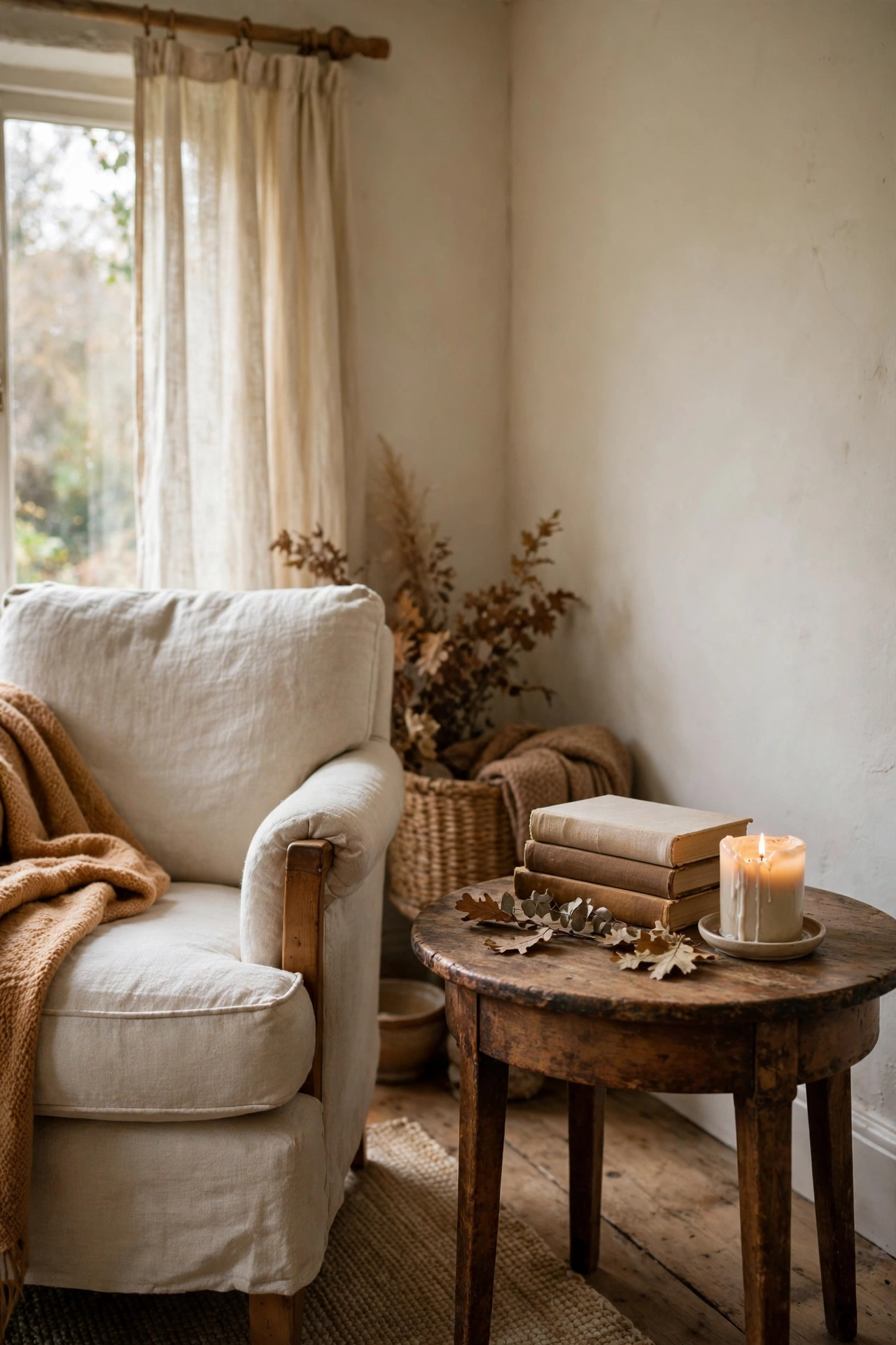 Small round thrifted wooden side table with aged patina beside a linen armchair, holding books and a candle.
