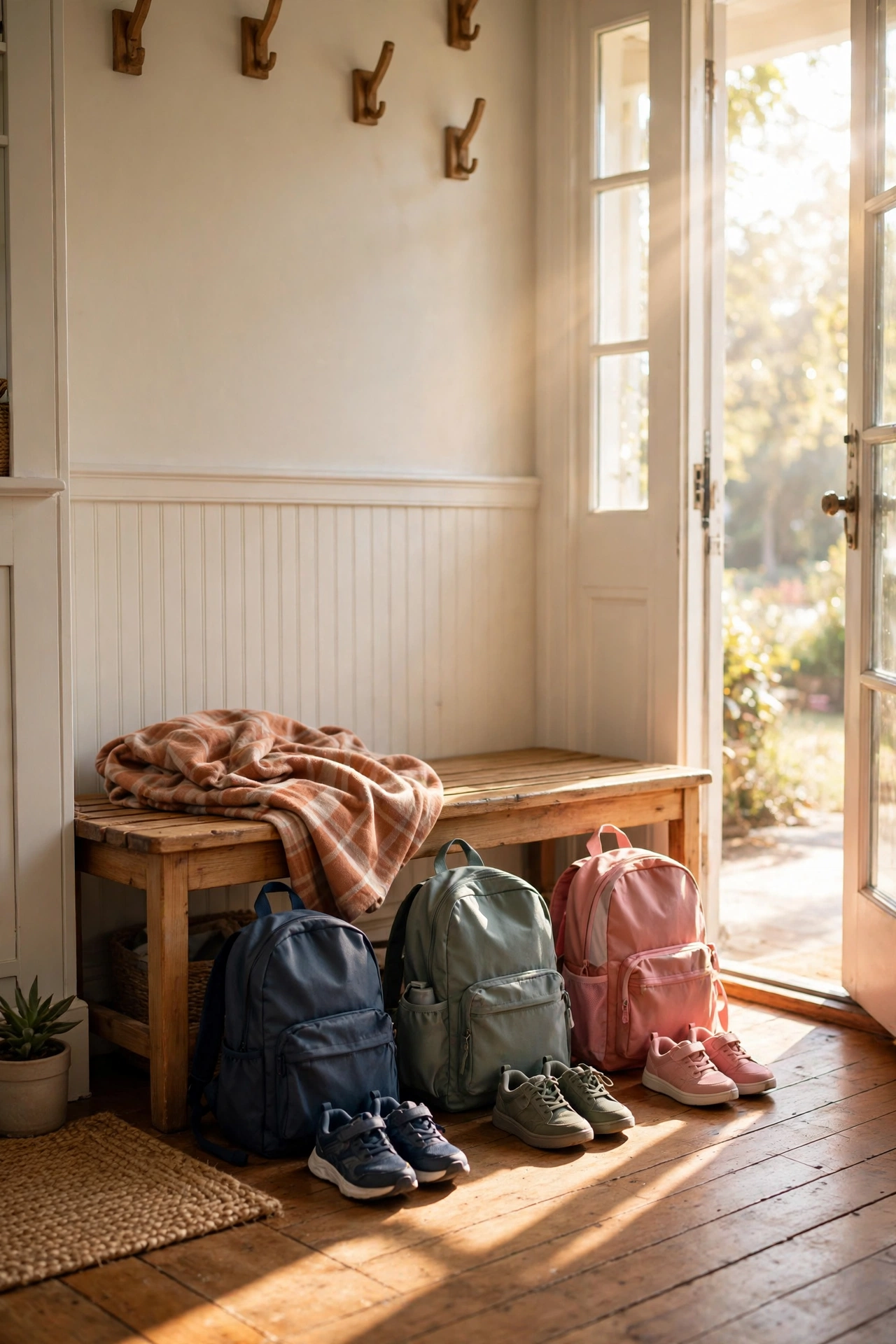 Organized morning launch pad bench with each kid's packed bag and paired shoes