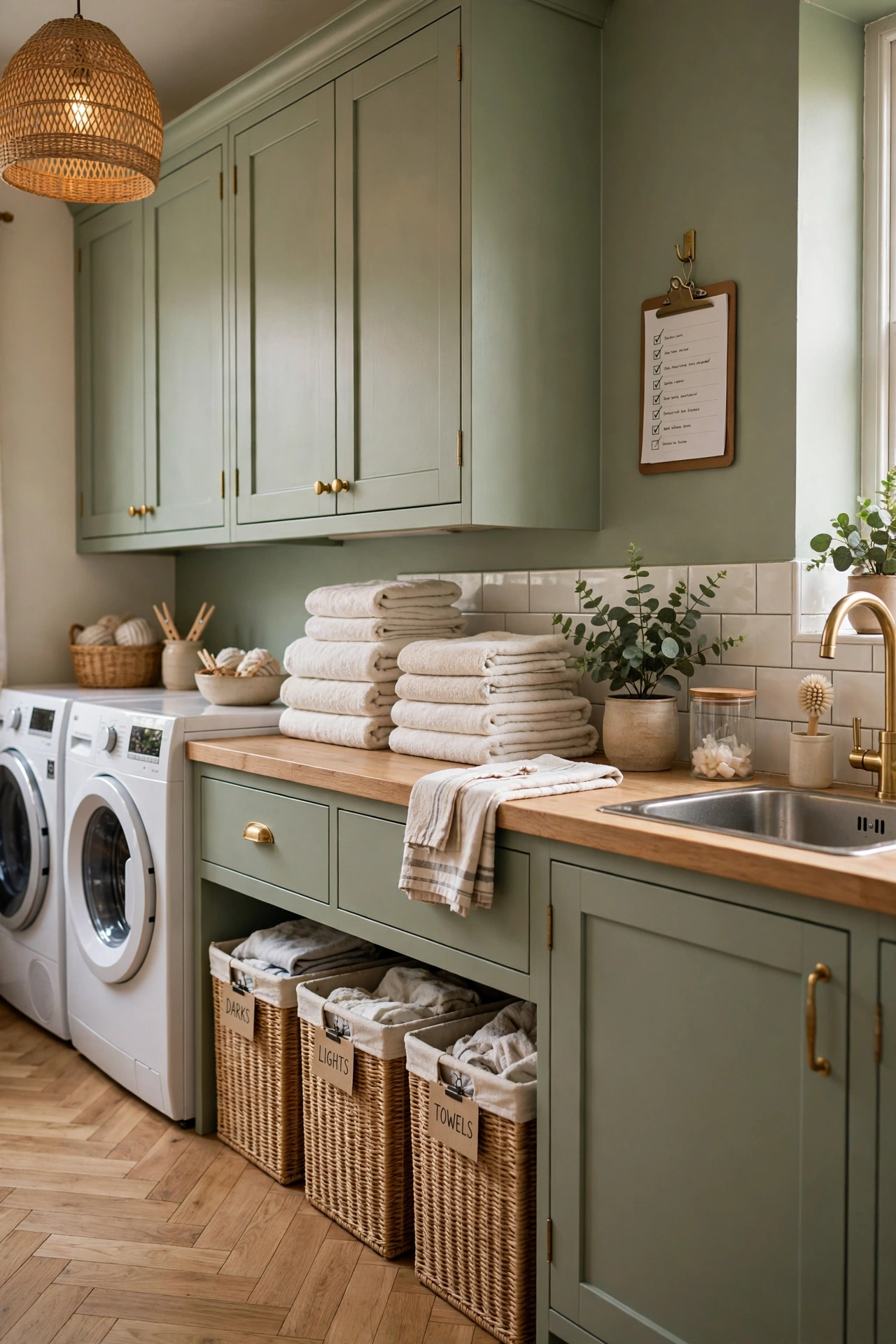 Freshly reset laundry room with folded towels, clear counters, and a weekly reset checklist on a clipboard