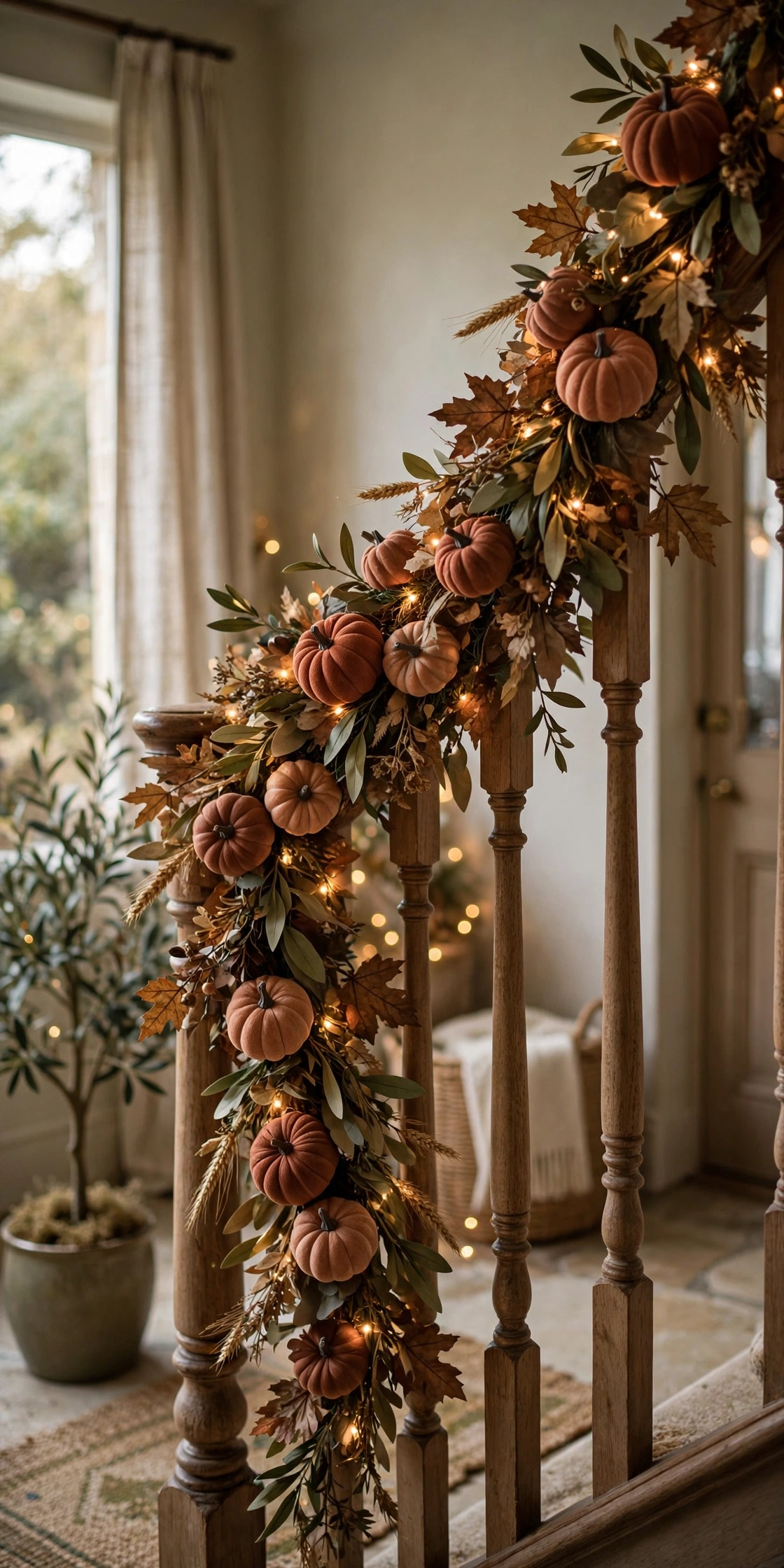 Pumpkin garland with fairy lights on a staircase banister