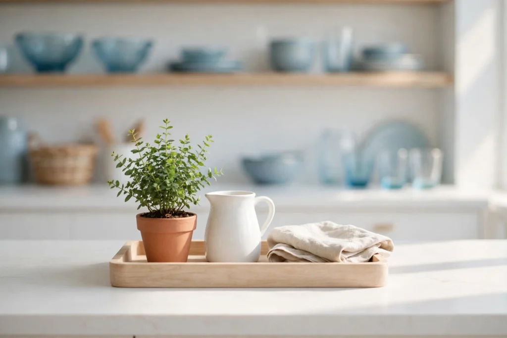Bright airy coastal kitchen with styled tray, plant and white pitcher