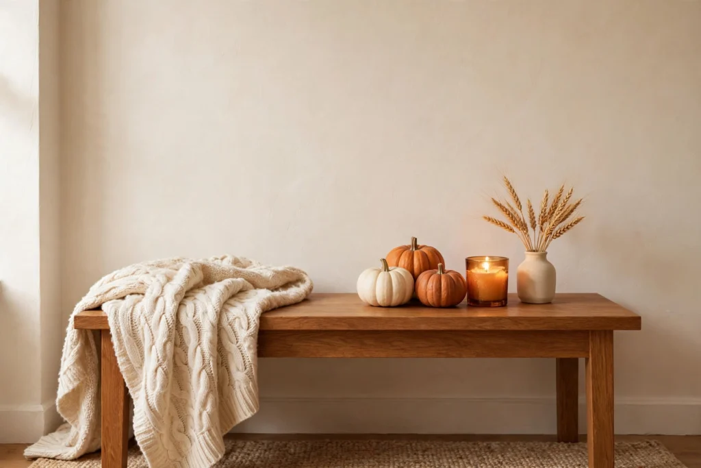 Fall console table styled with pumpkins, knit throw and amber candle