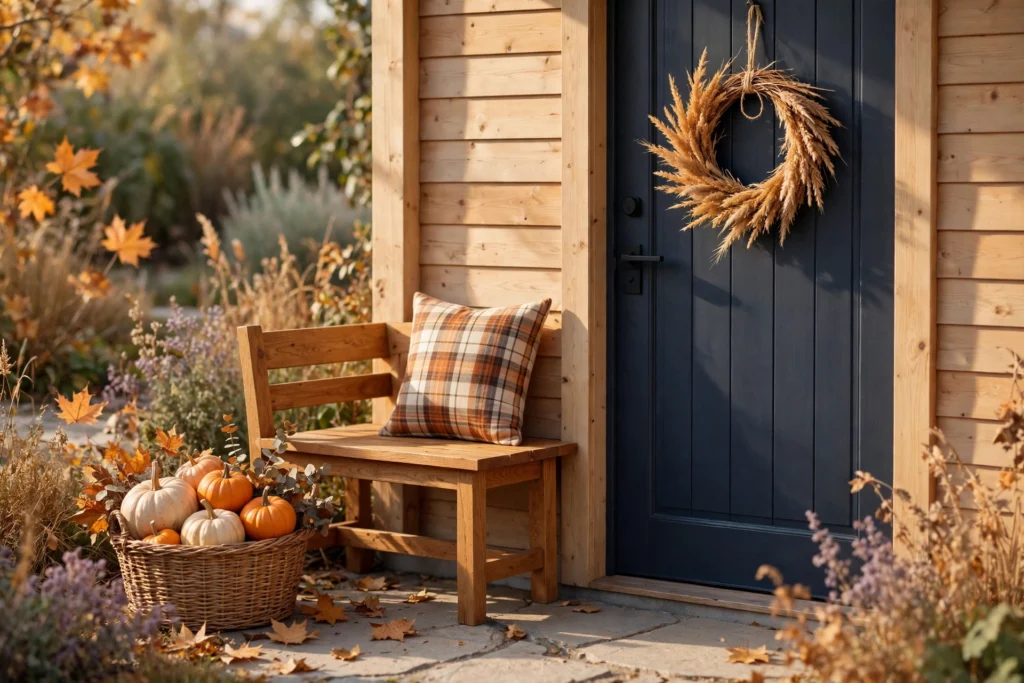 Welcoming fall front entryway with bench, pumpkins and wheat wreath