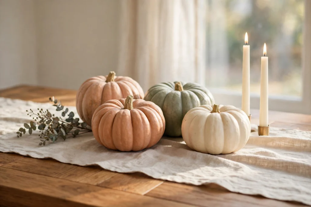 Sophisticated heirloom pumpkins in peach, sage and cream on a dining table