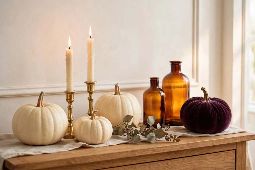 Elegant Halloween console with white pumpkins, brass candlesticks and amber glass
