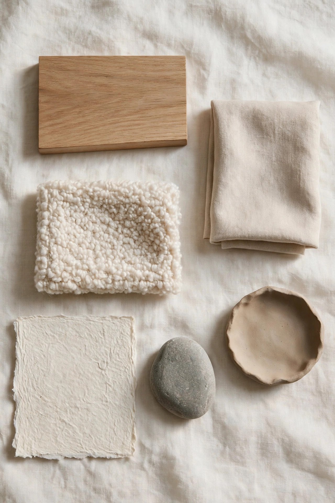 Flat lay of Japandi nursery palette materials: light oak, washed linen, boucle, stone, rice paper and clay
