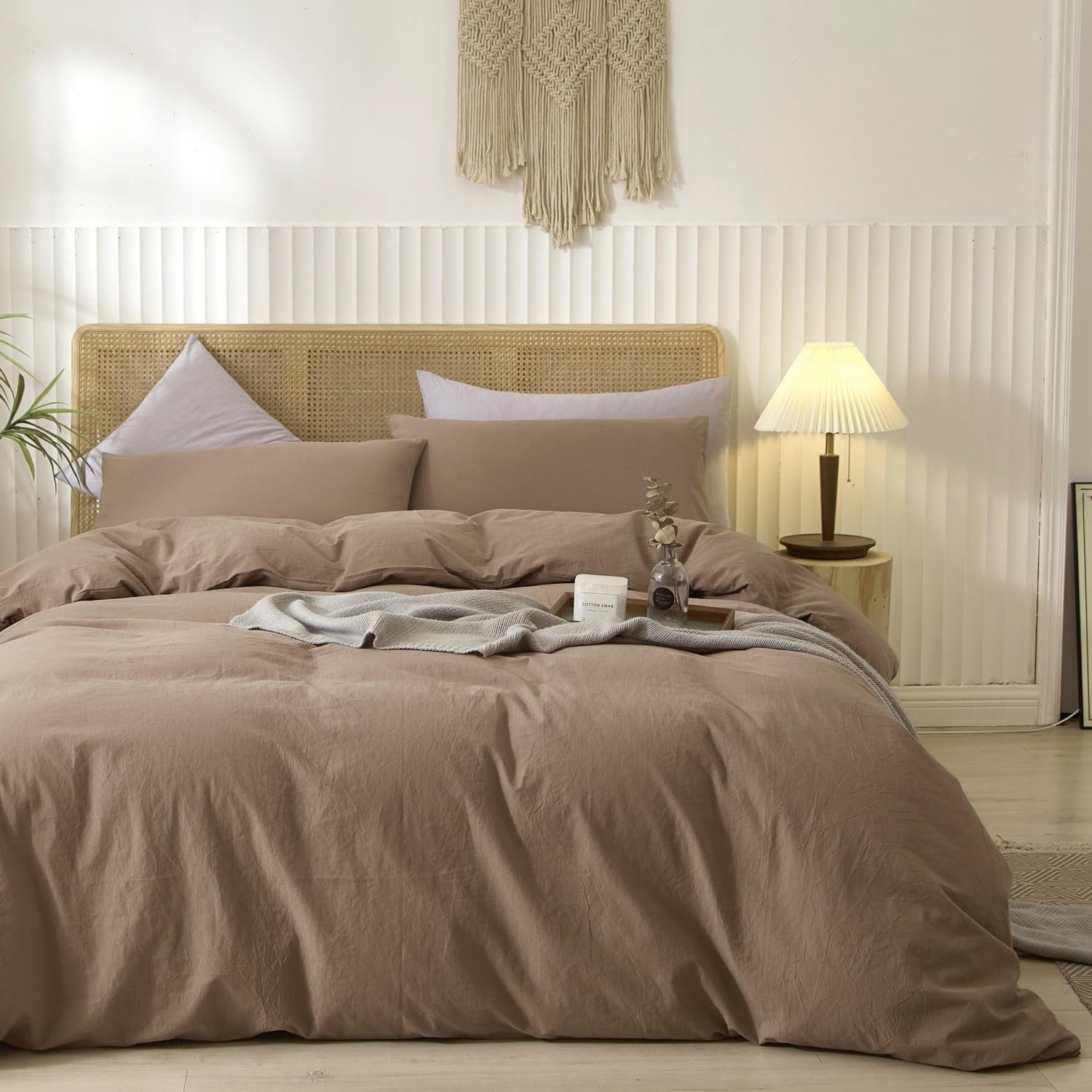 LIFETOWN 100% Washed Cotton Duvet Cover Set (King, Mocha Brown)