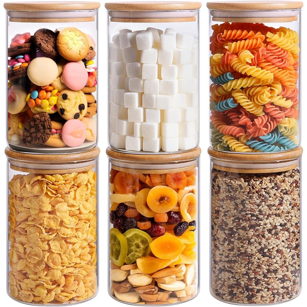 ComSaf Airtight Glass Storage Canister Set with Bamboo Lid, Set of 6