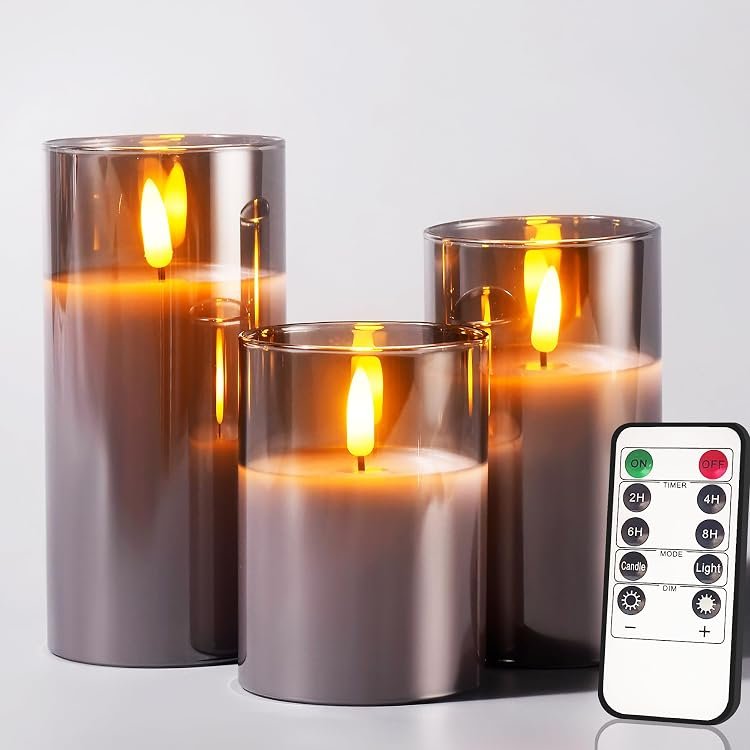 Tyawon glass flameless candles with remote and timer, set of 3, grey