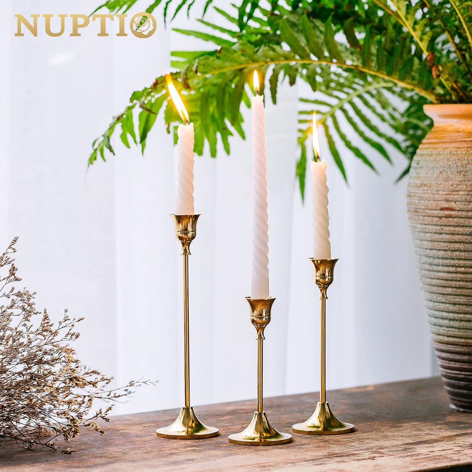 NUPTIO 2 Sets 6 Pcs Brass Gold Metal Taper Candle Holders Candlestick Holders