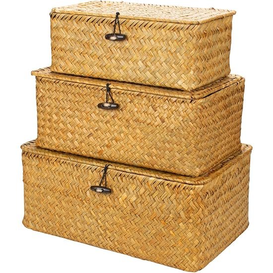 Yesland Shelf Baskets with Lid Set of 3, Handwoven Seagrass Storage Bins Box Rectangular Seagrass Basket Storage Organizer Wicker Basket for Shelf