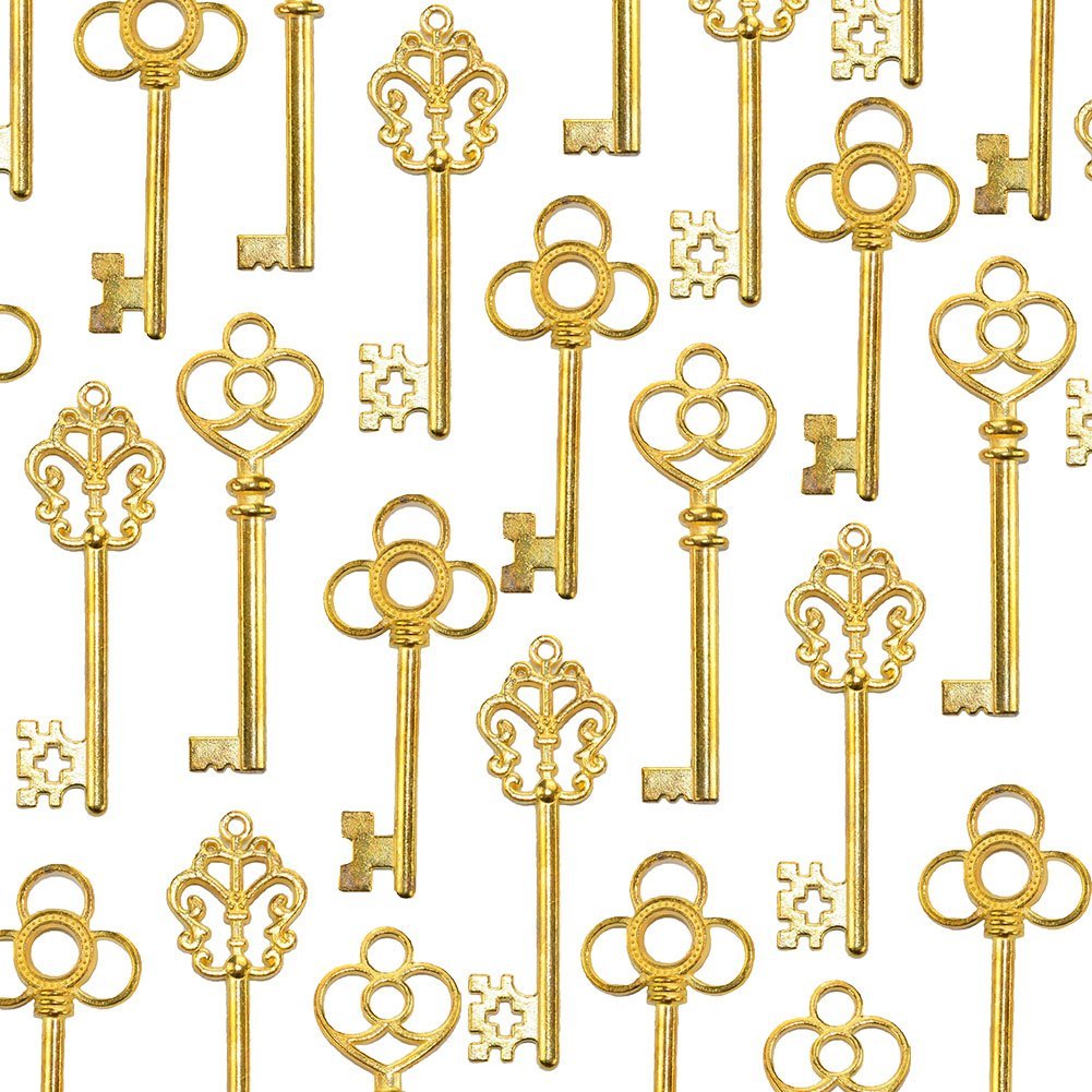 Aokbean Mixed Set of 30 Vintage Skeleton Keys in Antique Gold