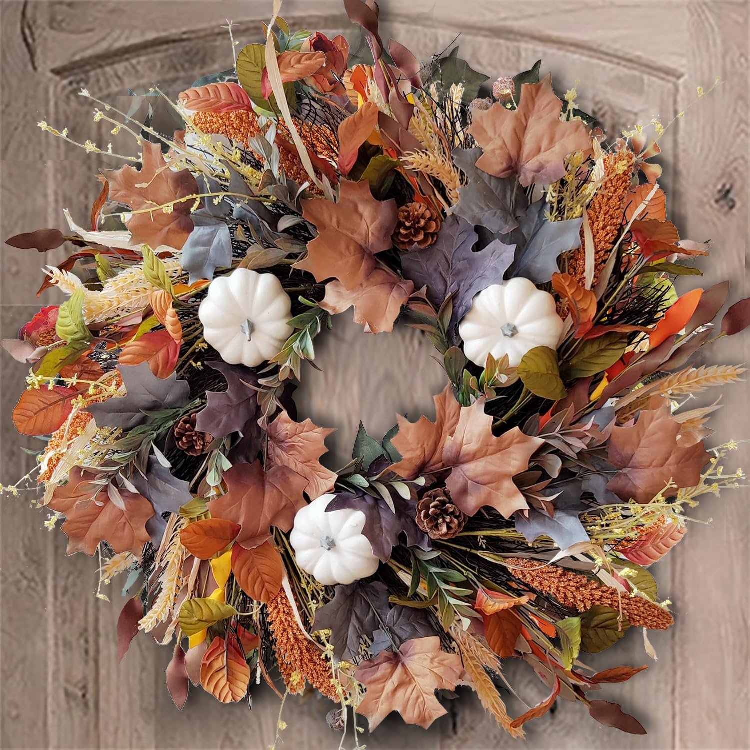 WANNA-CUL 24 inch fall wreath with white pumpkins, maple leaves and grains
