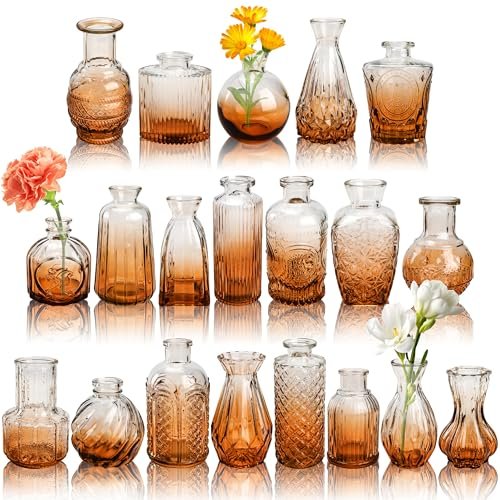 ComSaf amber glass bud vases, set of 6, vintage assorted shapes