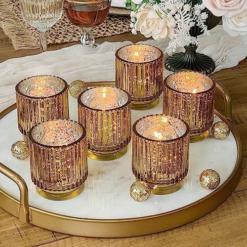 Kate Aspen Gold Vintage Ribbed Glass Tealight Votive Candle Holders, Set of 6