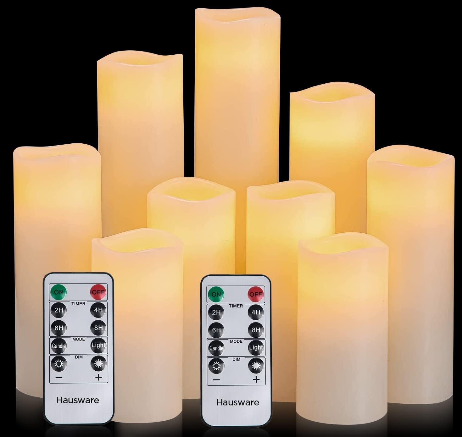 Hausware Flameless Candles, Real Wax Pillar LED with Remote and Timer, Set of 9, Ivory
