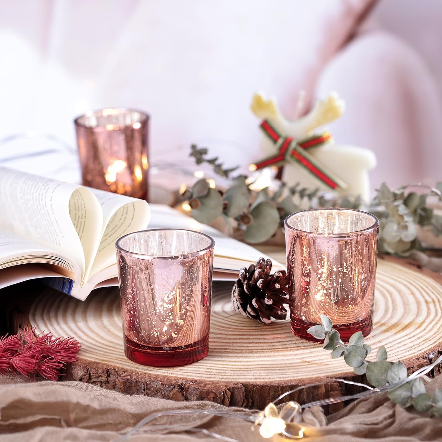 Volens Rose Gold Mercury Glass Votive Candle Holders, Set of 12