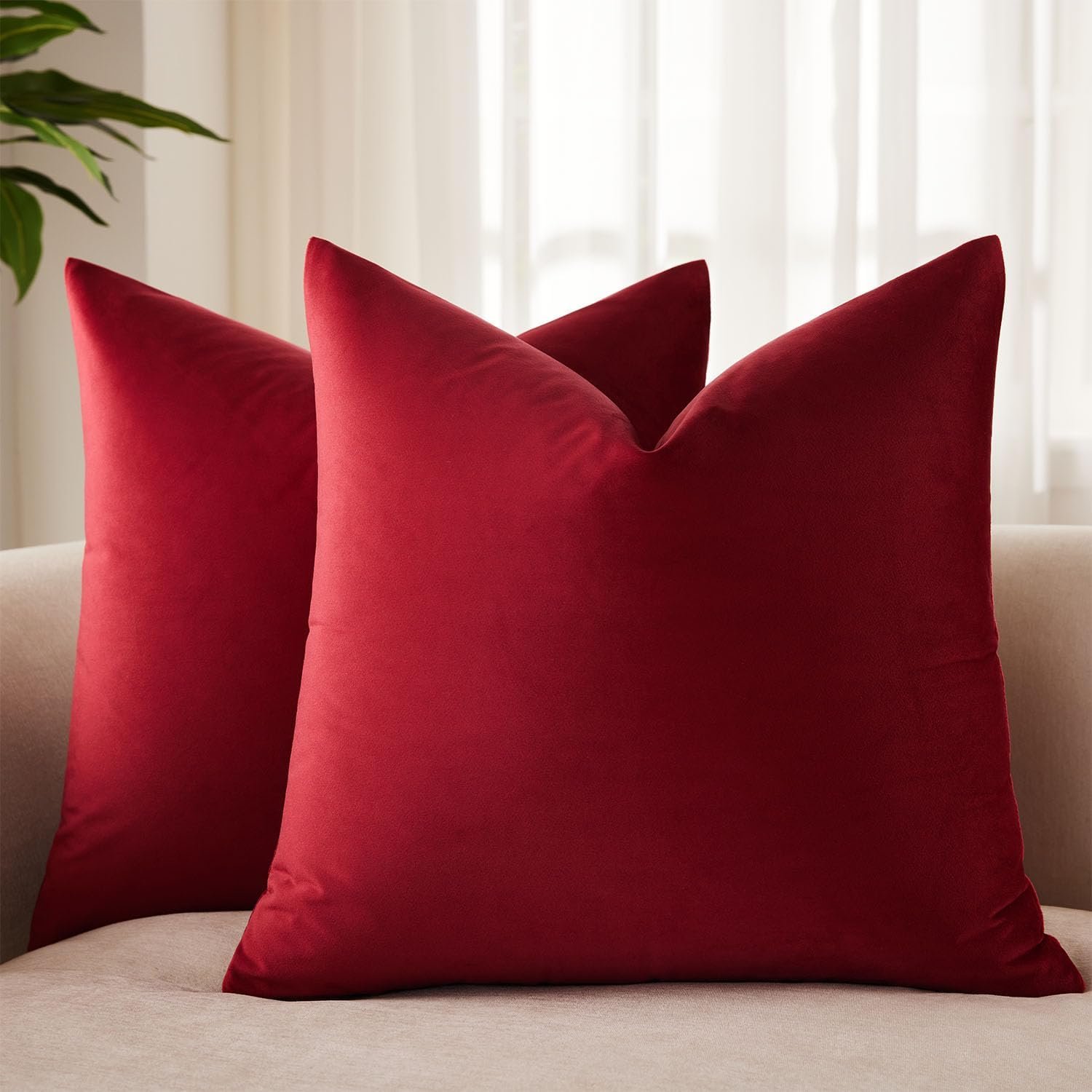 JUSPURBET Burgundy Velvet Throw Pillow Covers, 50x50 cm, Set of 2