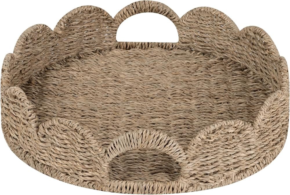 StorageWorks Round Wicker Scalloped Tray, Seagrass Serving Tray with Handles
