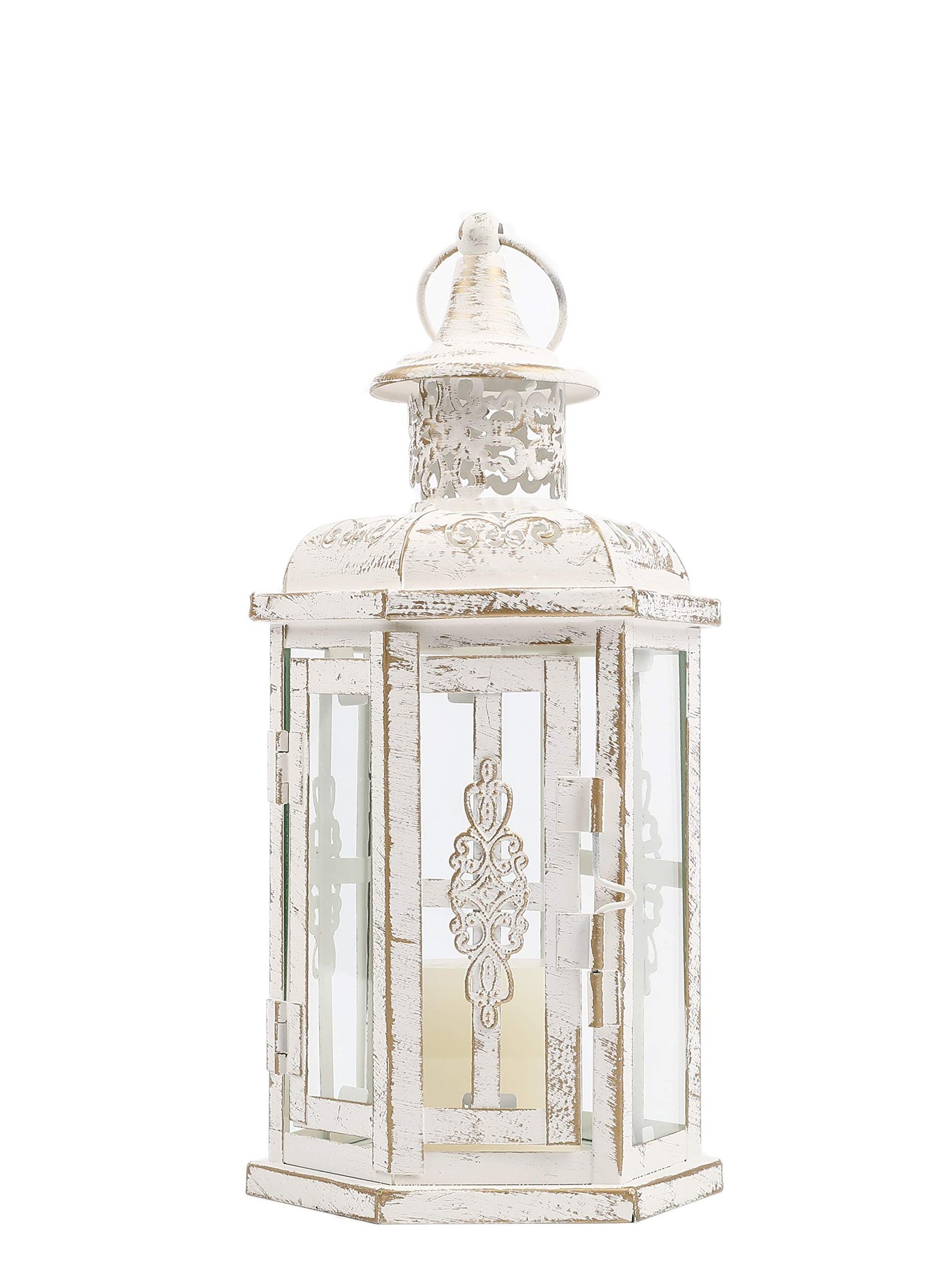 JHY DESIGN Vintage Decorative Candle Lantern, 10 Inch, White with Gold Brush