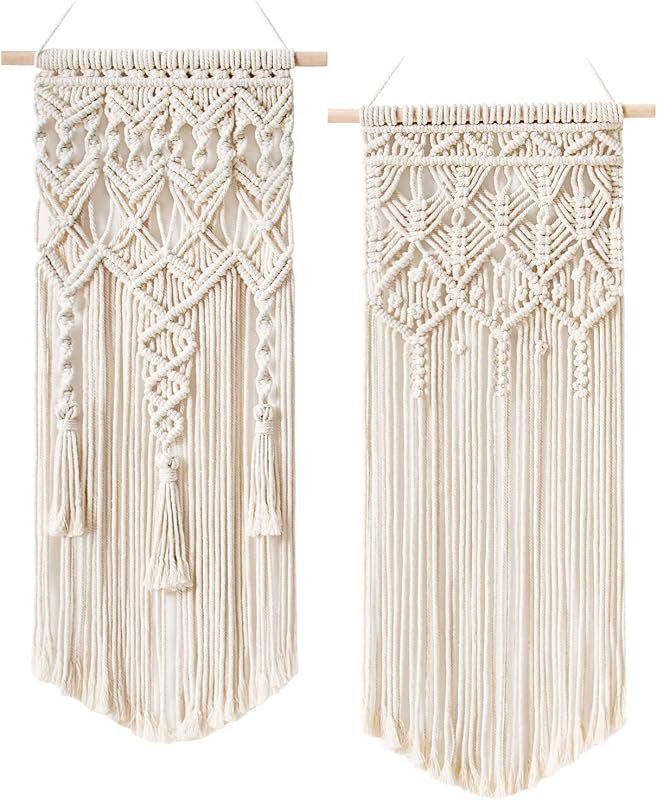 Mkono ivory macrame wall hanging pair with wooden dowels
