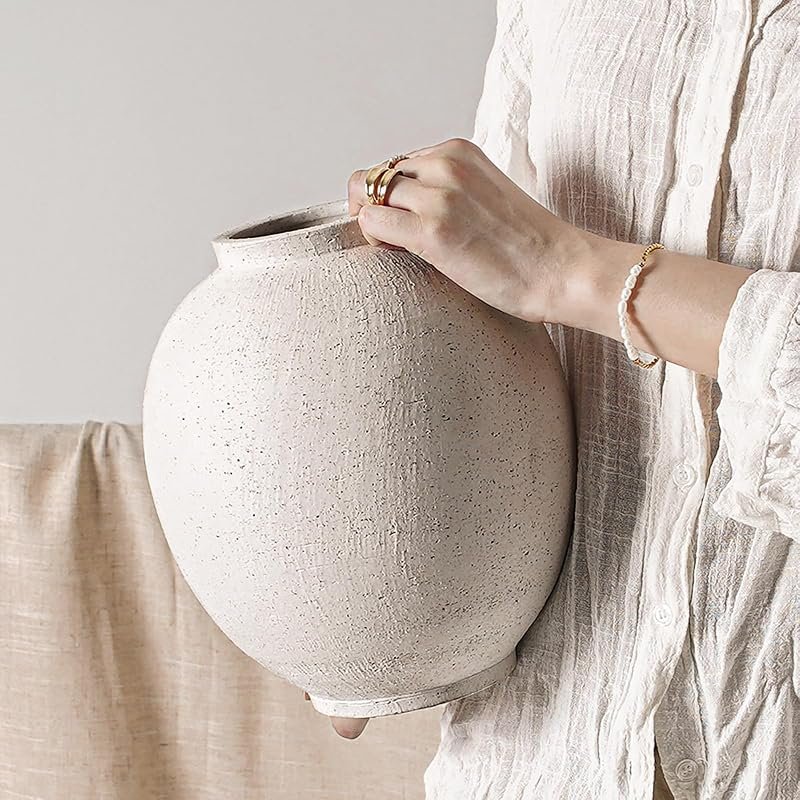 Rustic white textured ceramic vase, 9.8 inches tall
