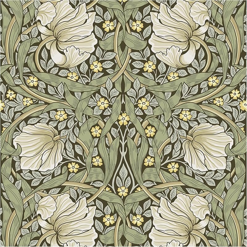 William Morris style floral peel and stick wallpaper in sage green with cream flowers