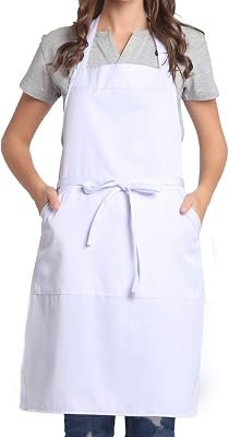 White adjustable bib kitchen apron with front pocket, shown full length