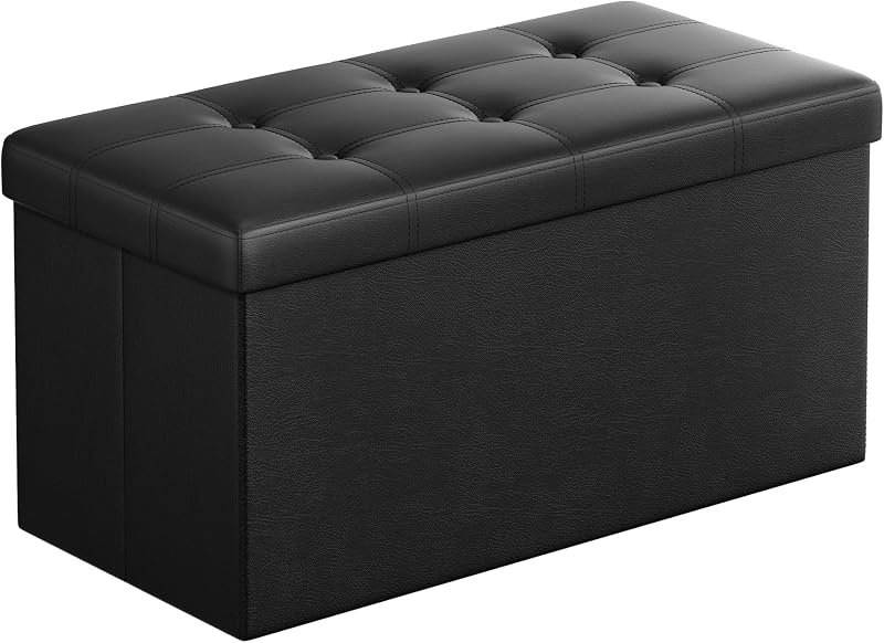 SONGMICS black faux-leather folding storage ottoman bench with tufted lid