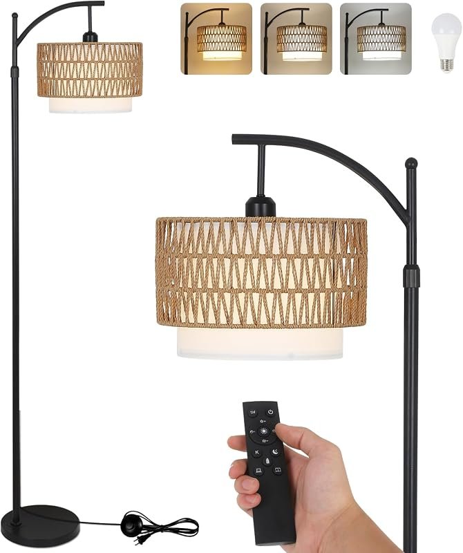 Black arc floor lamp with woven rattan drum shade and remote