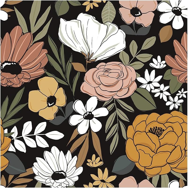 Peel and stick wallpaper with large vintage flowers in mustard, pink and white on a dark background