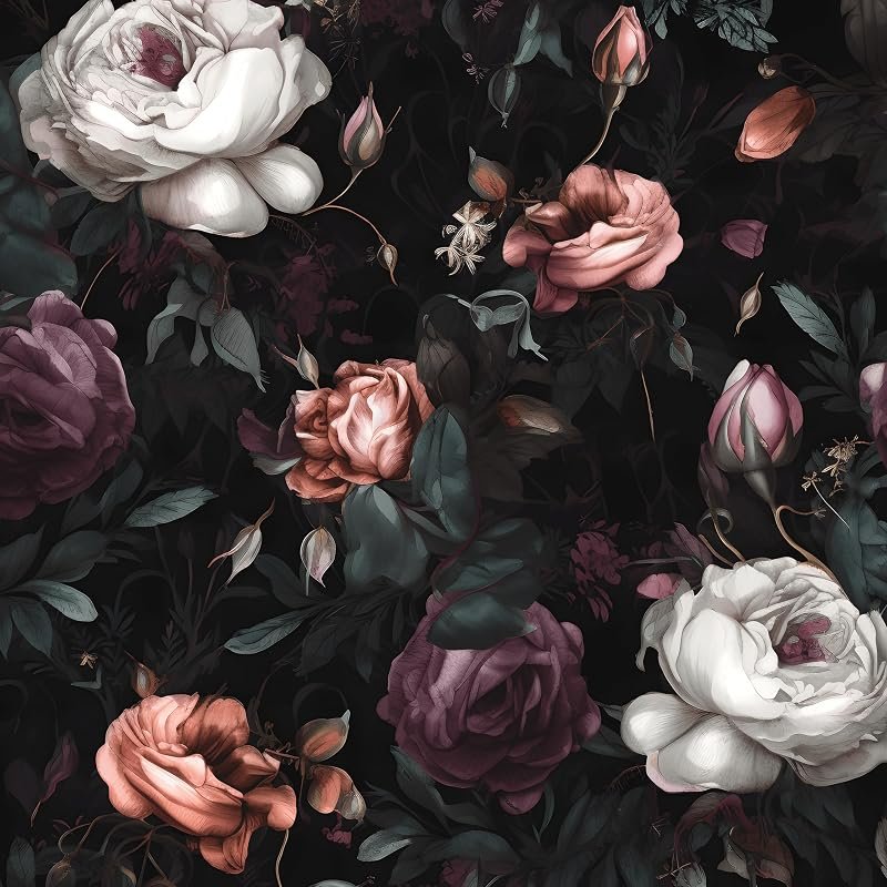 Moody dark floral peel and stick wallpaper with blush and white roses