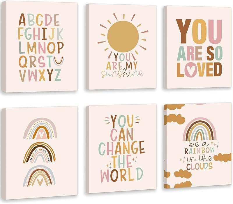 Set of six boho nursery canvas prints with rainbows, sun and alphabet art