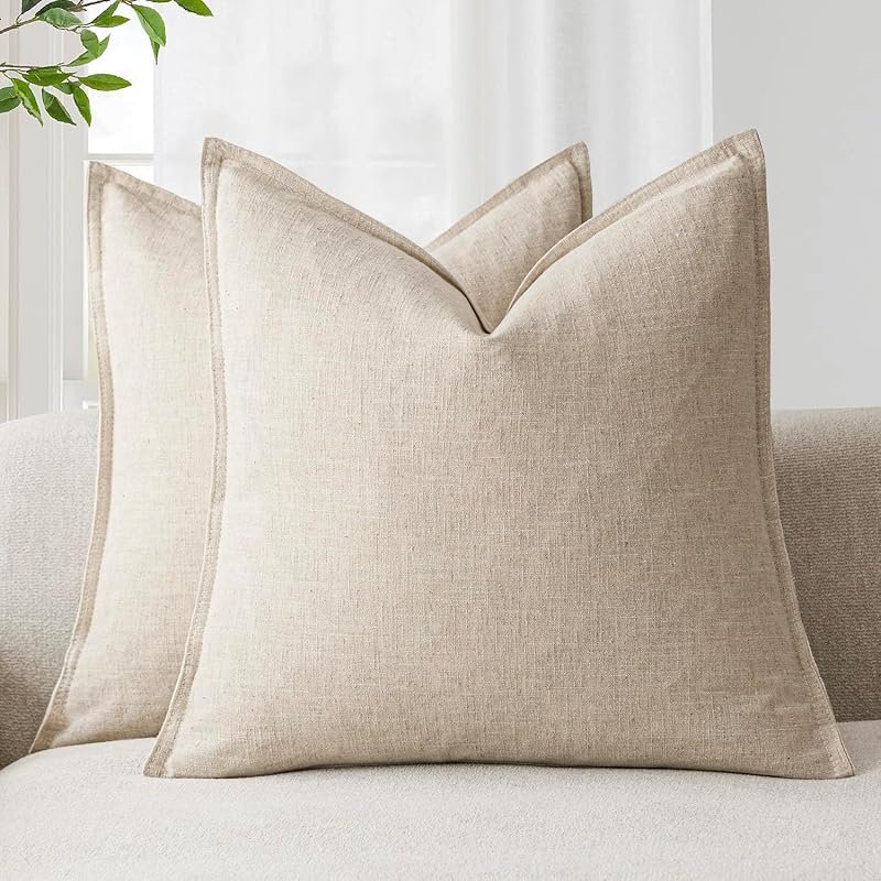 Pair of natural beige linen throw pillow covers, 20 by 20 inches