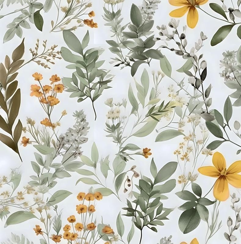 Light watercolor botanical peel and stick wallpaper with eucalyptus leaves and yellow wildflowers