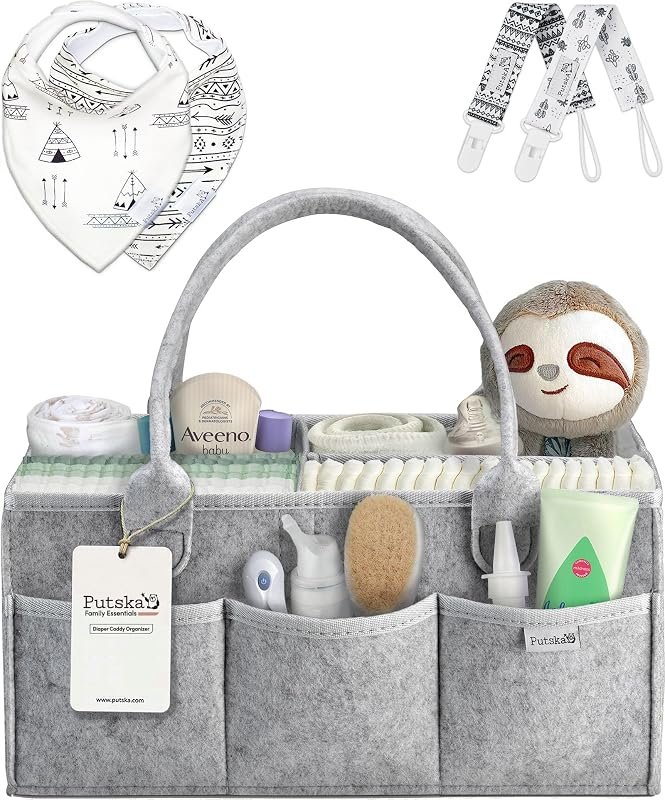PUTSKA grey felt diaper caddy organizer with compartments filled with baby supplies