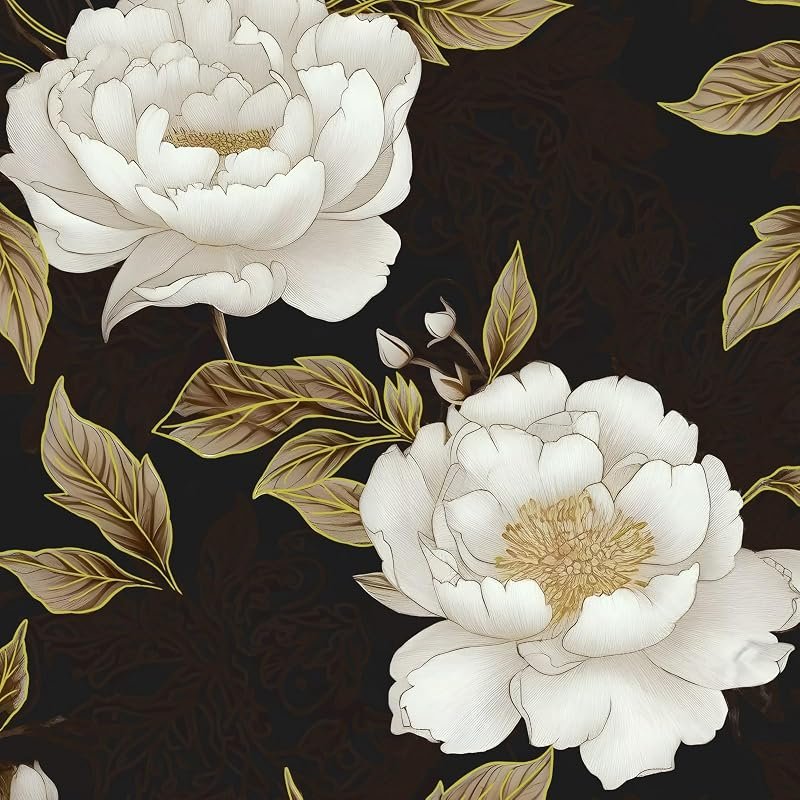 Peel and stick wallpaper with white peonies and gold leaves on a black background