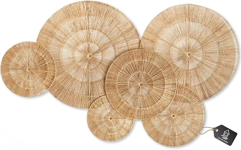 Set of six round woven jute wall decor baskets in varied sizes
