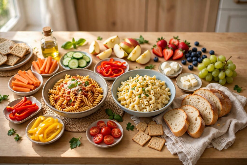 A bright kitchen counter with a colorful kid-friendly meal spread of pasta bowls, sliced vegetables, fruit, and bread in warm daylight
