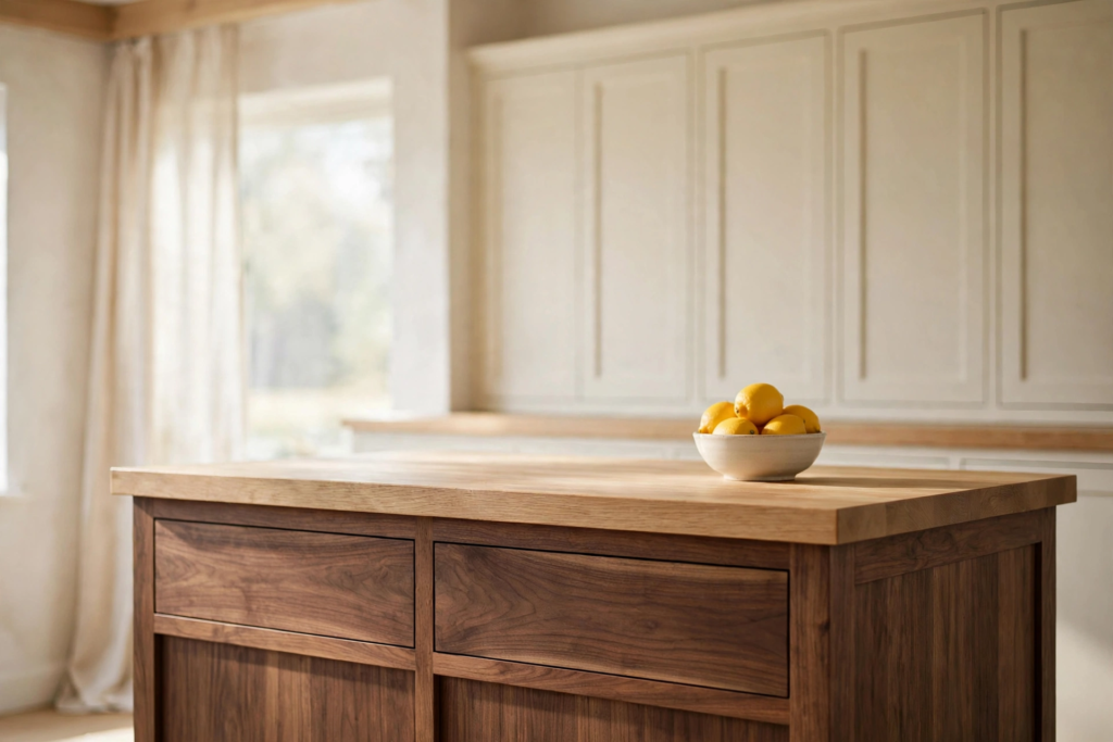 Light filled kitchen vignette with a walnut island, brass cup pulls, cream cabinets, and a bowl of lemons in soft morning light