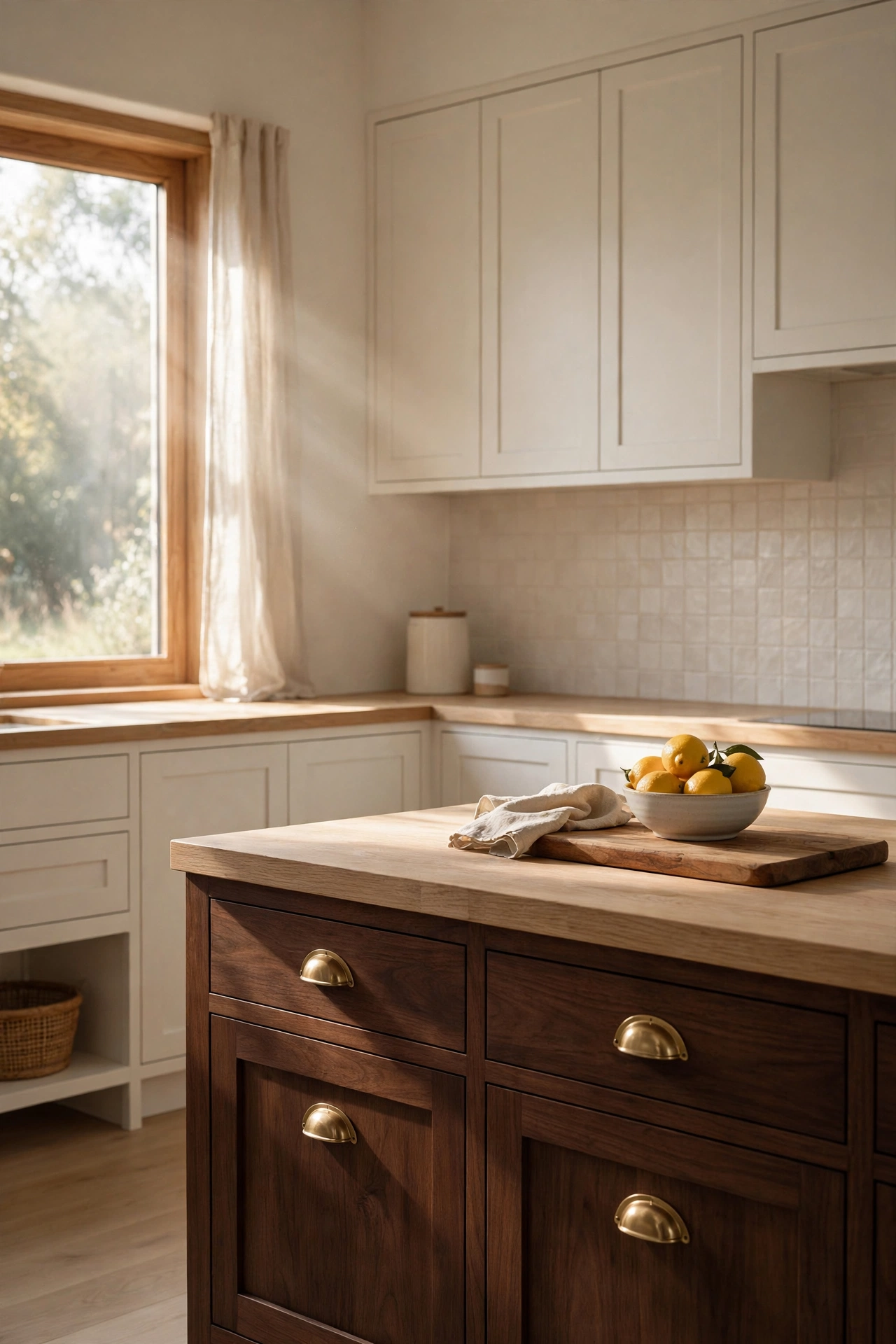 Warm white shaker kitchen with a deep walnut island, brass cup pulls, and a bowl of lemons on the counter