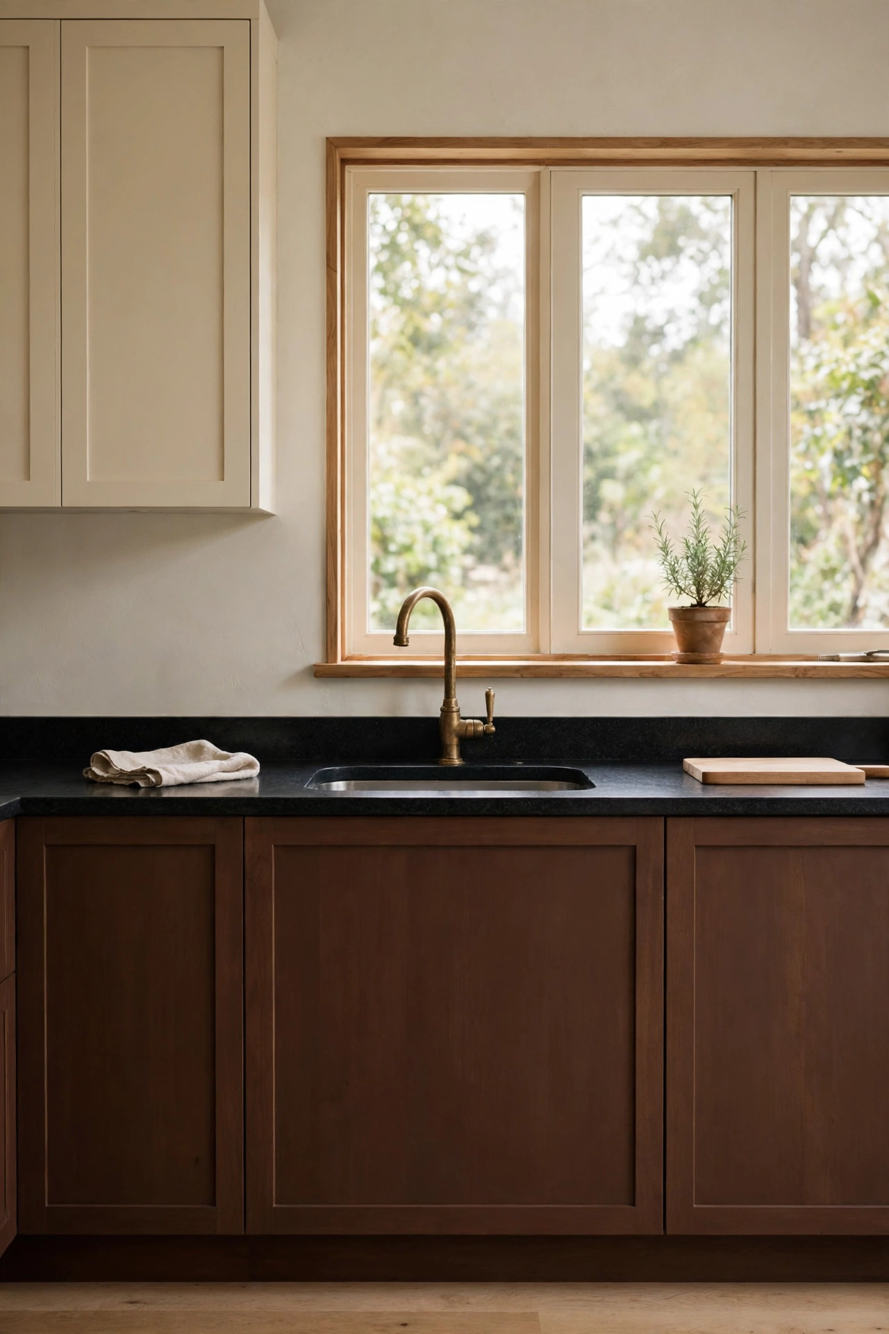 Two tone kitchen with chocolate brown lower cabinets, cream upper cabinets, and black granite counters
