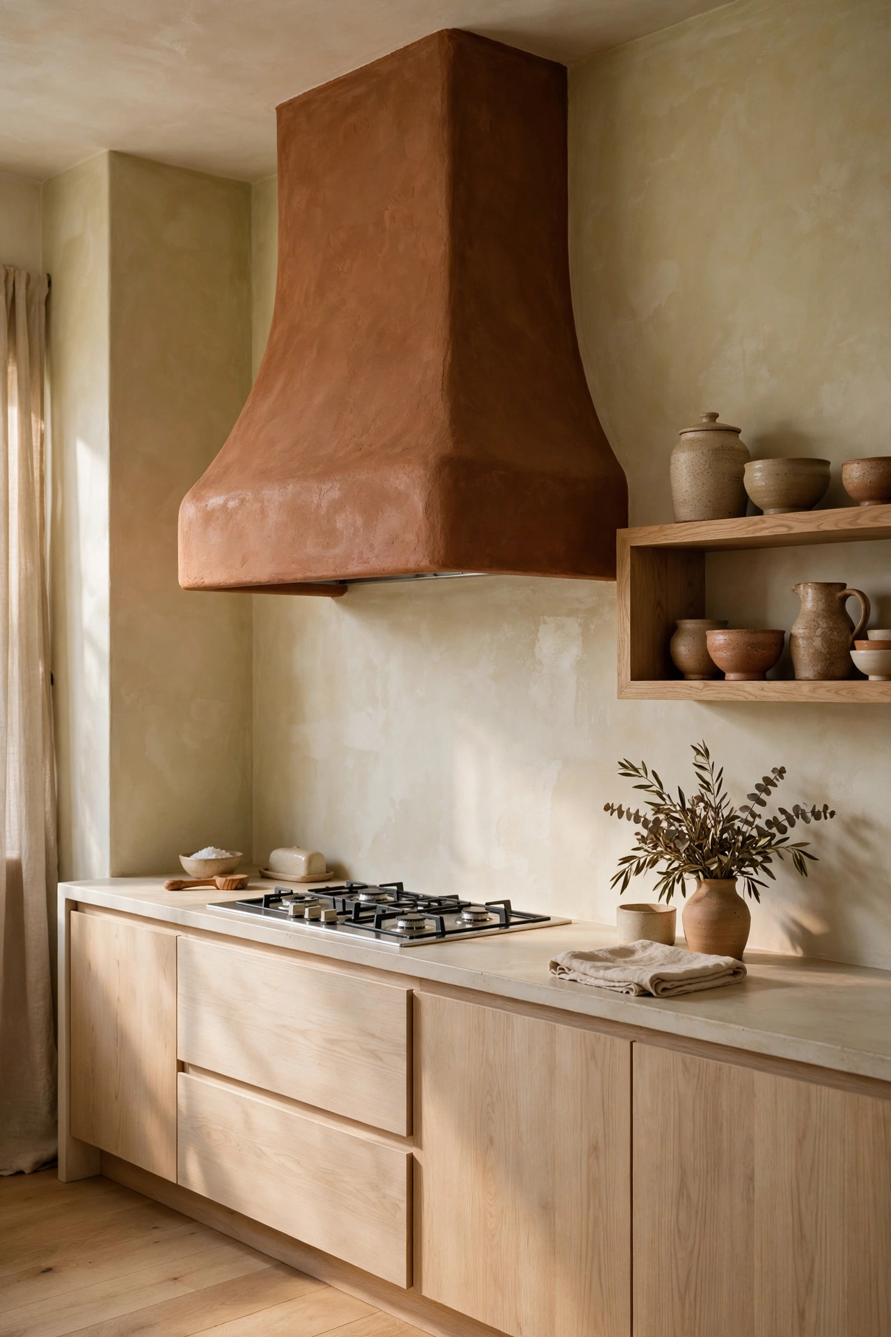 Rust plaster range hood against limewashed walls with oak open shelving and pottery