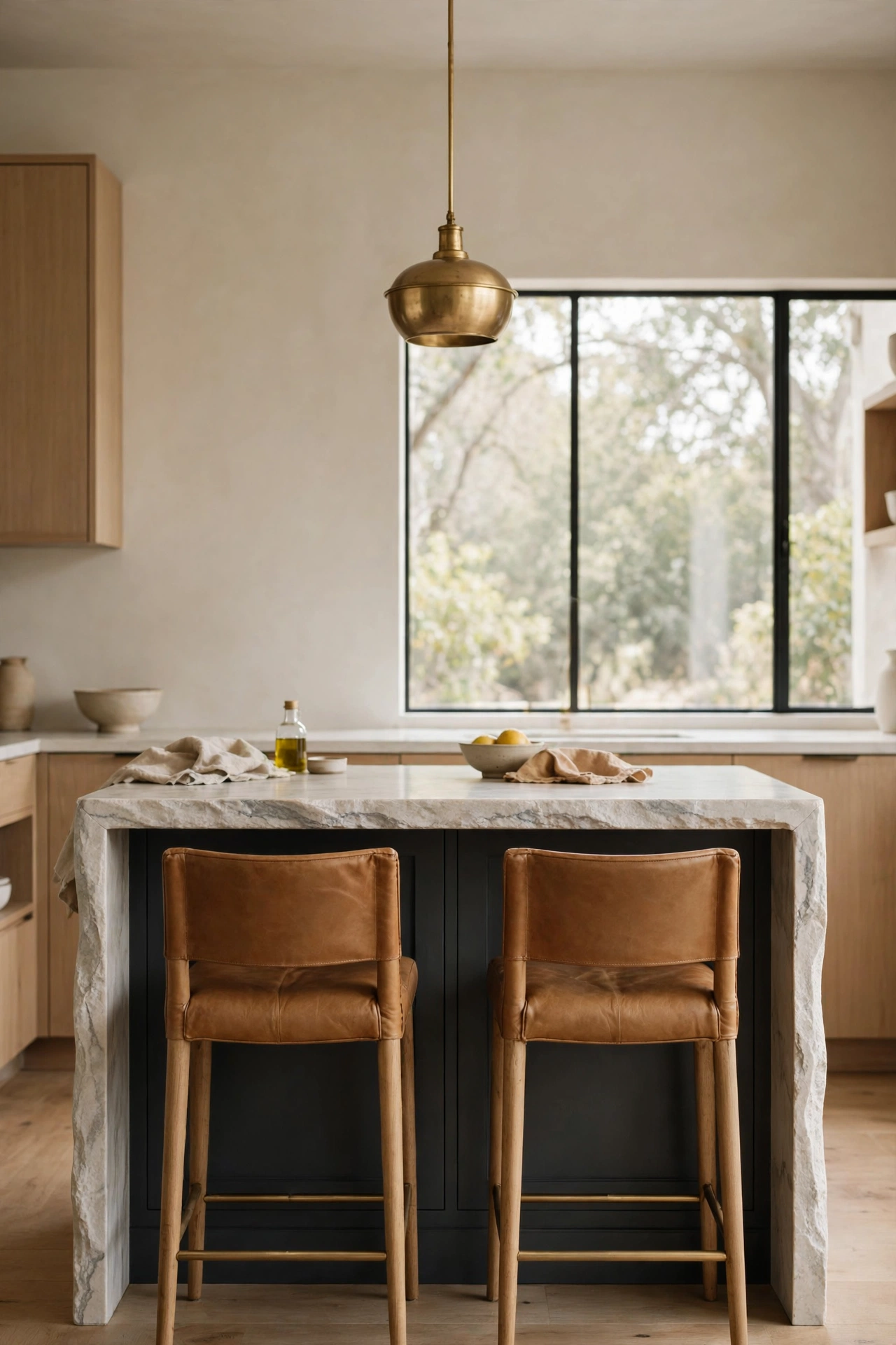 Charcoal island with waterfall stone counter, camel leather bar stools, and a brass pendant
