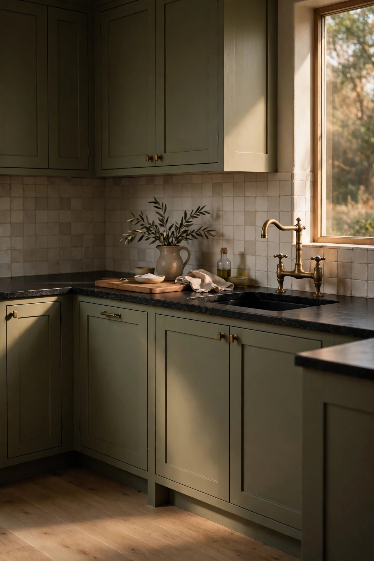 Olive green shaker cabinets with honed black granite counters and a brass bridge faucet
