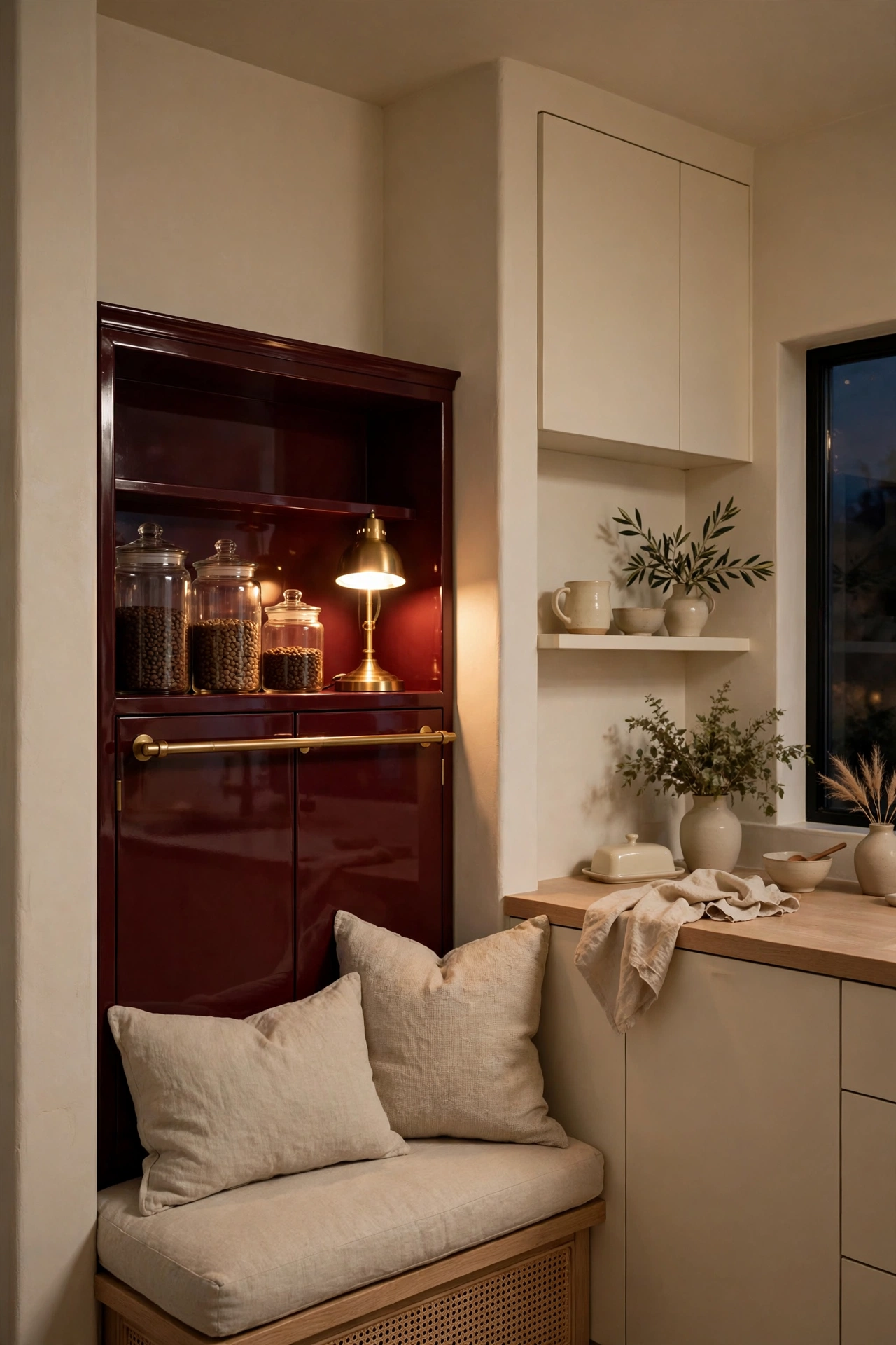 Cream kitchen corner with a burgundy lacquered coffee nook, brass rail, and glass jars